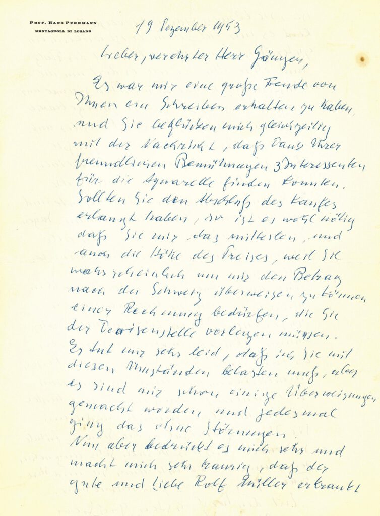 Hans Purrmann an Willibald Gänger, Brief vom 19. Dezember 1953, mpk, © VG Bild-Kunst, Bonn 2022 (Erbengemeinschaft nach Dr. Robert Purrmann).