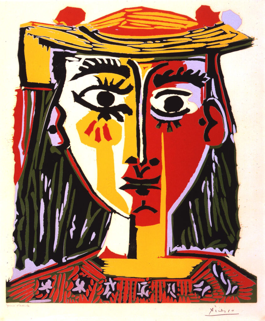 Pablo Picasso, Porträt de femme au chapeau, Linolschnitt, 1962, VG Bild-Kunst, Bonn 2023