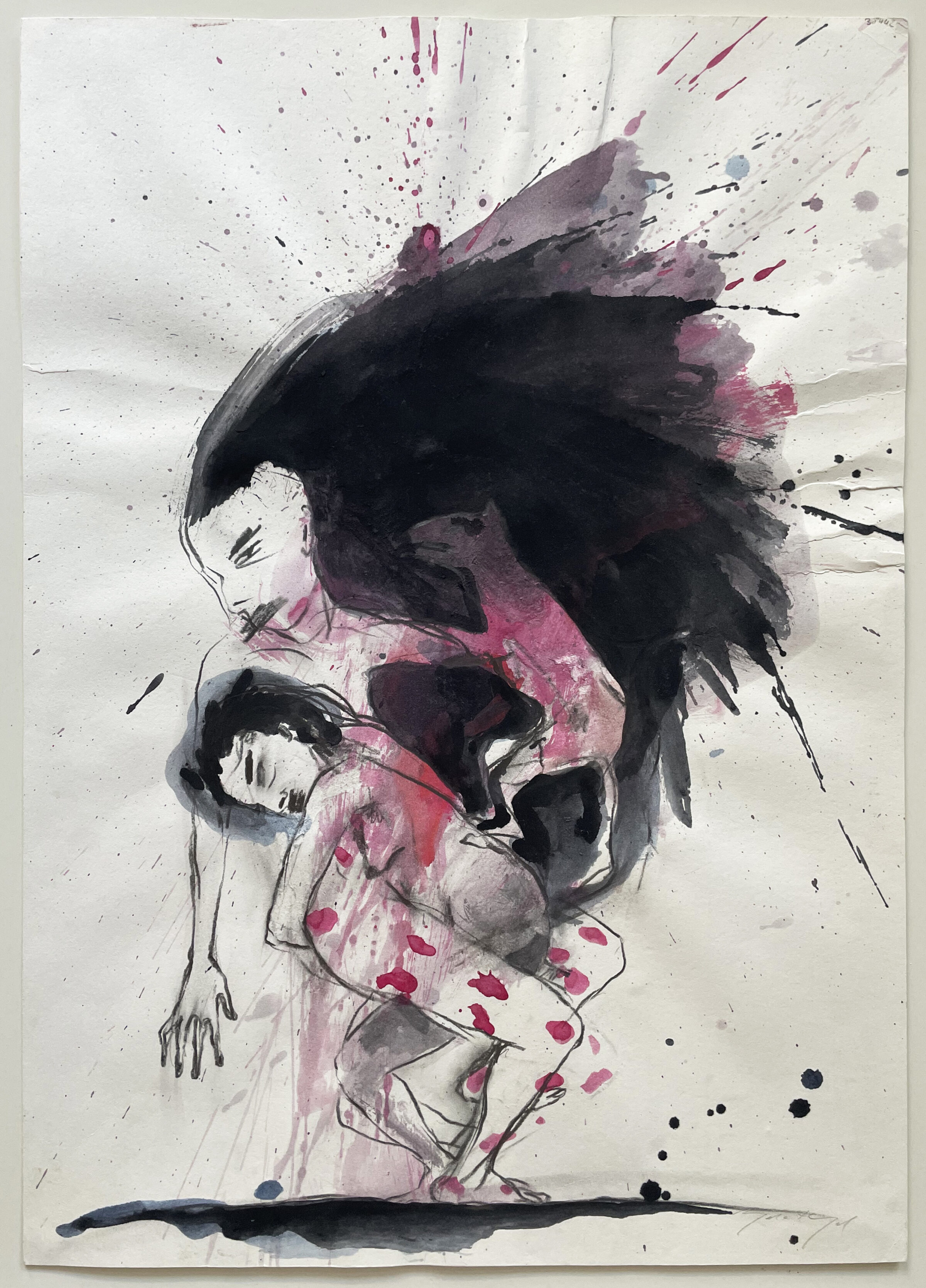 5_Hampel_Zwei Frauen mit Tier_1989 Zwei Frauen mit Tier, 1989, Bleistift, schwarze Tusche und rote Tinte, 60 × 43 cm, Sign. unten rechts: ‚A. Hampel‘. Courtesy Galerie Döbele, Mannheim