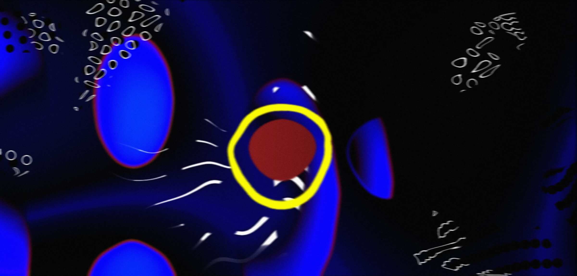 Leuchtend blaue und rote Formen mit gelben Akzenten in einer digitalen Kunstinstallation der Masterclass Virtual Design der Hochschule Kaiserslautern, präsentiert im mpk Museum Pfalzgalerie Kaiserslautern – ein faszinierendes Beispiel moderner Lichtkunst aus der Dauerausstellung.