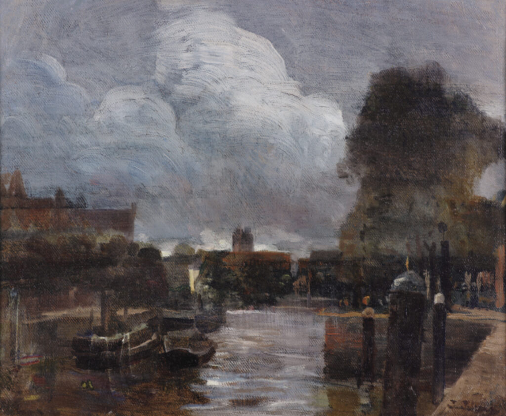 Tina Blau, Gracht in Dordrecht, um 1905/08, Öl auf Karton, 26,9 x 32,7 cm, Privatsammlung, Foto: Privatsammlung (Sylvia Kovacek)